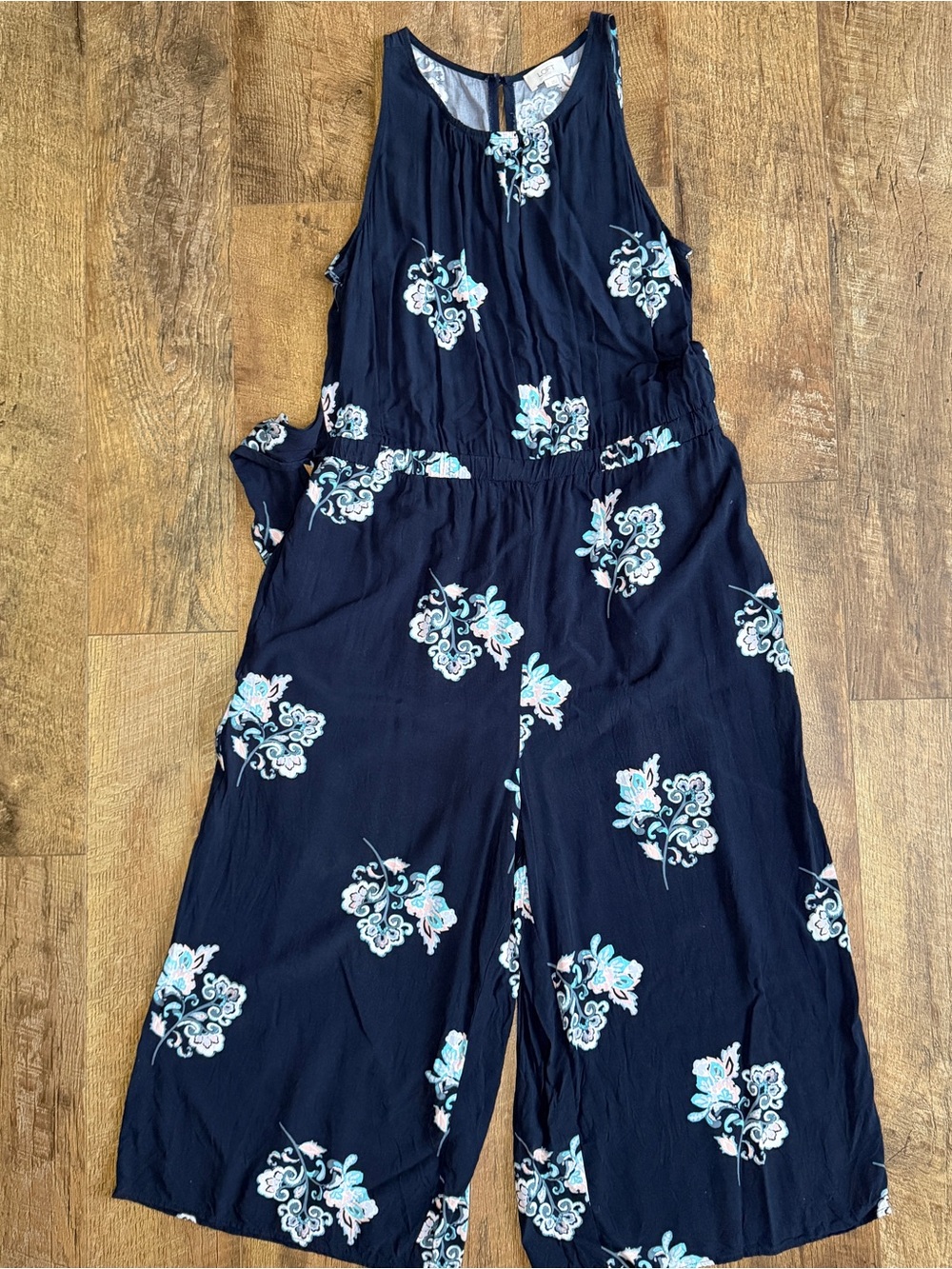 LOFT Women’s Wide Legs High Neck Elastic Waist Jumper Blue Floral Romper Belted